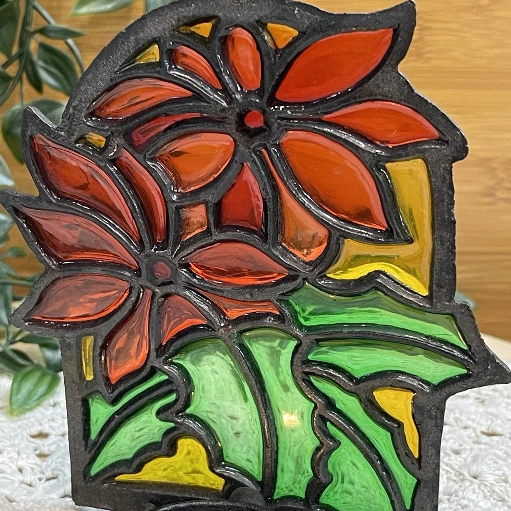 Vtg Stained Glass Cast Iron Tea Light Candle Holder Poinsettia Christmas Taiwan